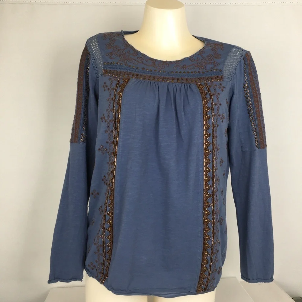 Sundance Boho Top Beaded Embroidered Blue Copper Long Sleeve Women’s Size Small
